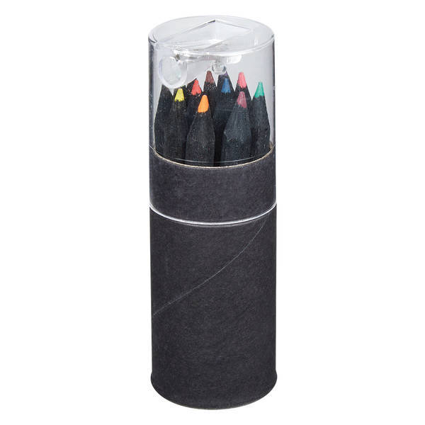 Colored Pencils In Matte Black Tube With Sharpener, 12 Piece