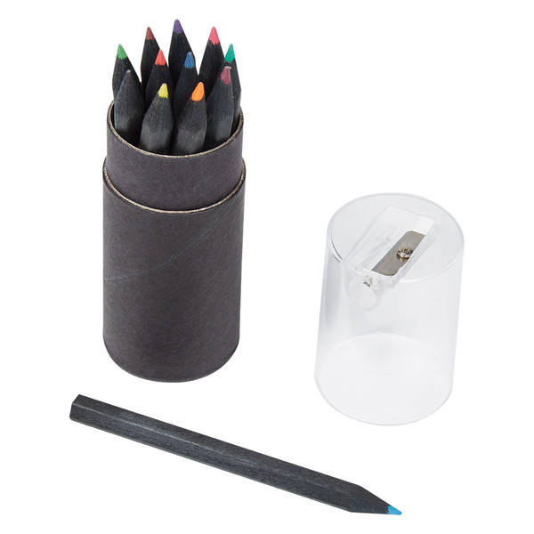 Colored Pencils In Matte Black Tube With Sharpener, 12 Piece