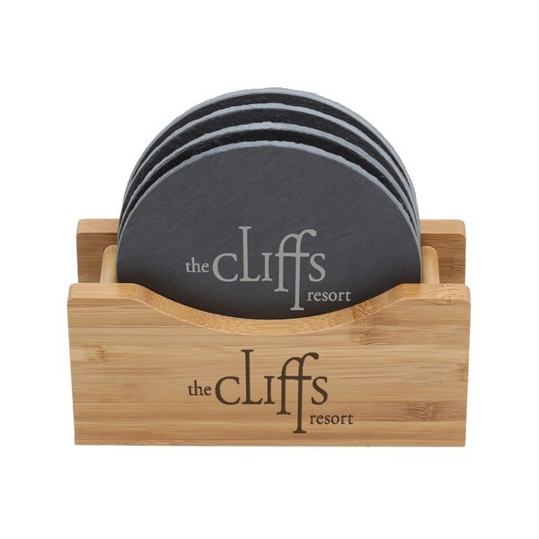 Round Slate Coasters w/ Bamboo Holder