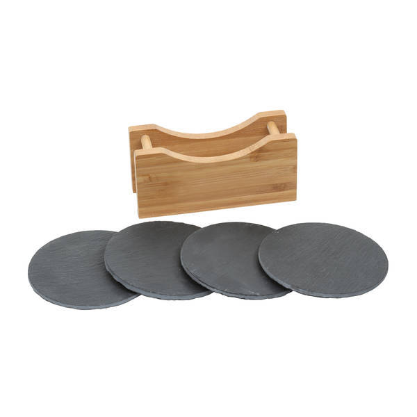 Round Slate Coasters w/ Bamboo Holder