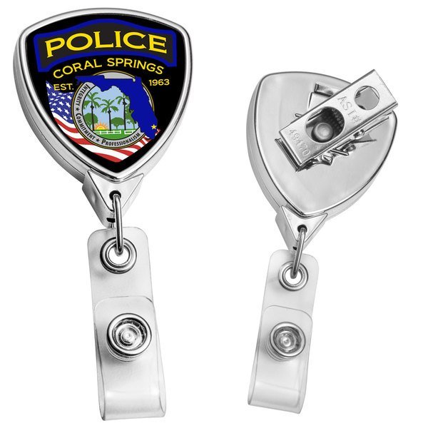 Metallic Finish Shield Retractable Badge Reel, Bull Dog Clip