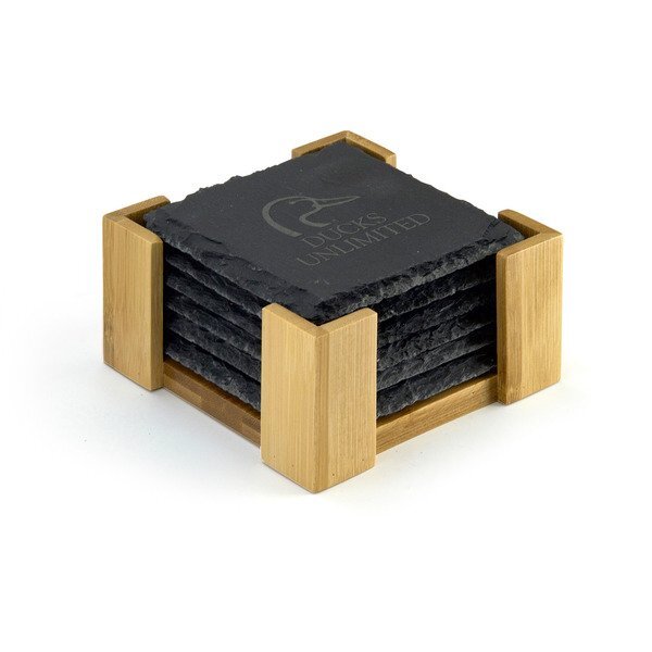 Slate 6 Piece Coaster Set w/ Bamboo Stand