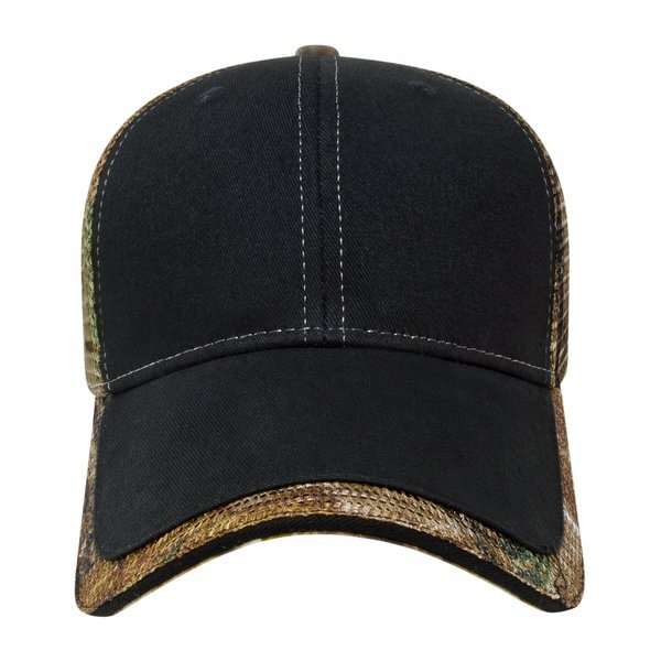 Solid Front Camo Constructed Cap with Camo Mesh Back and Detailing