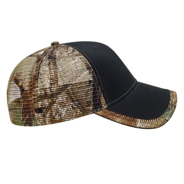 Solid Front Camo Constructed Cap with Camo Mesh Back and Detailing