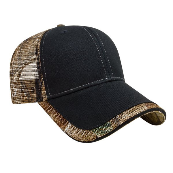 Solid Front Camo Constructed Cap with Camo Mesh Back and Detailing