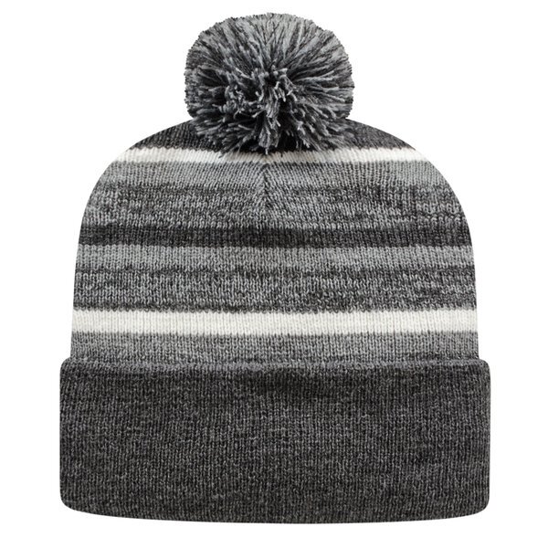 Alternating Stripe Fleece Lined Knit Beanie with Pom