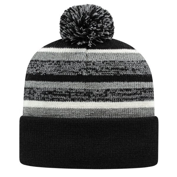 Alternating Stripe Fleece Lined Knit Beanie with Pom
