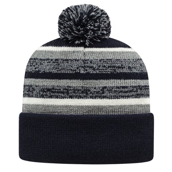 Alternating Stripe Fleece Lined Knit Beanie with Pom