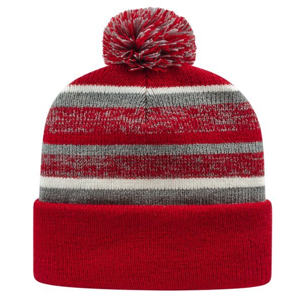 Alternating Stripe Fleece Lined Knit Beanie with Pom