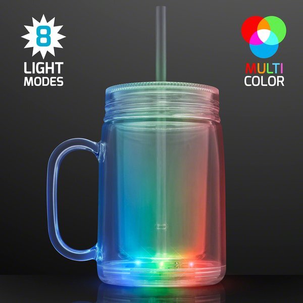 Light Up LED Mason Jar Mug with Straw, 18oz.