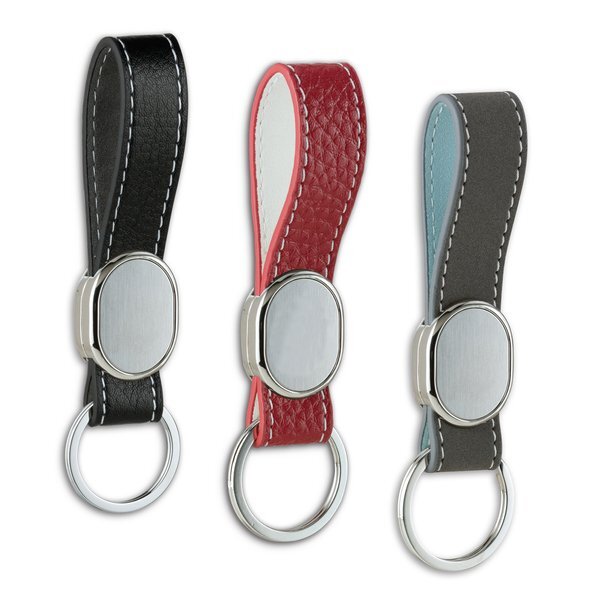Oblong Metal Key Tag with Leather Handle Strap