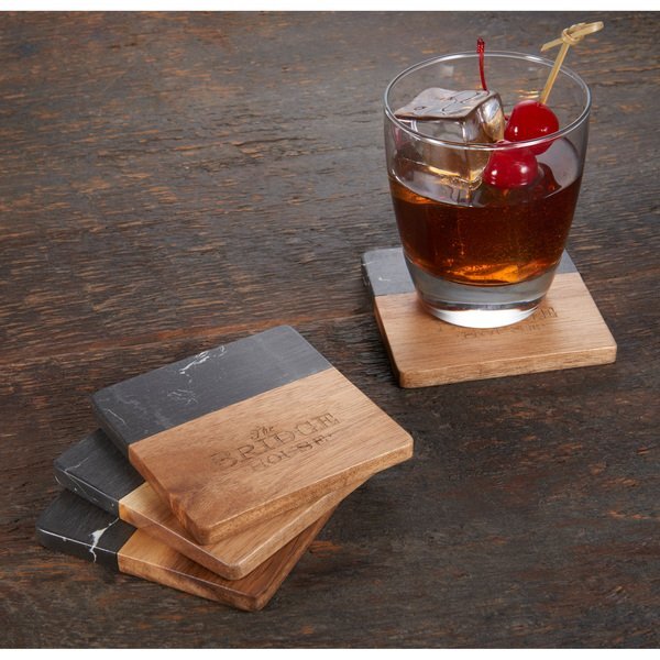 Black Marble & Wood Coaster Set