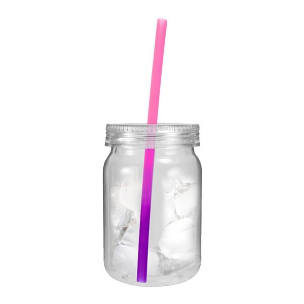 Plastic Mason Jar w/ Mood Color Changing Straw, 24oz.