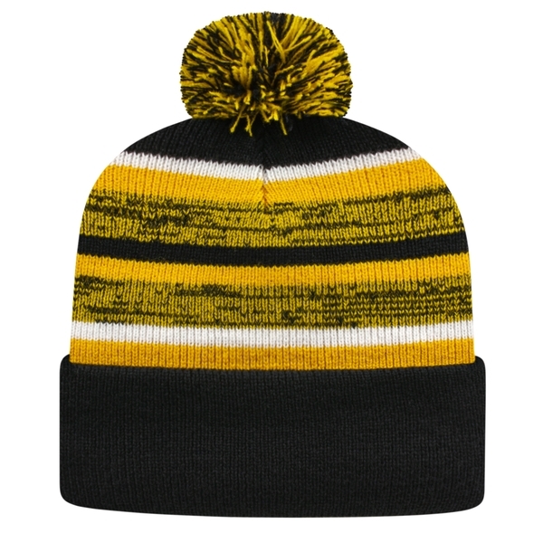 Alternating Stripe Fleece Lined Knit Beanie with Pom