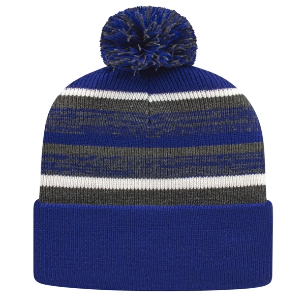 Alternating Stripe Fleece Lined Knit Beanie with Pom
