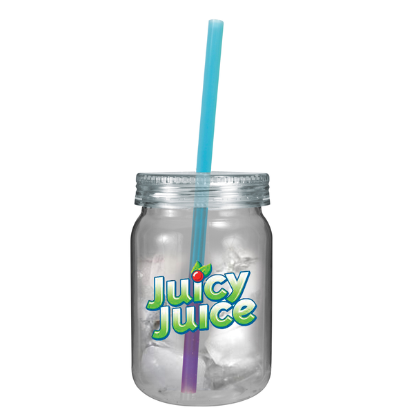 Plastic Mason Jar w/ Mood Color Changing Straw, 24oz. w/ Full Color Imprint