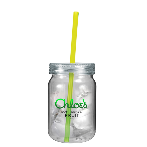 Plastic Mason Jar w/ Mood Color Changing Straw, 24oz. w/ Full Color Imprint