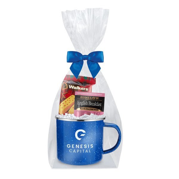Shortbread Cookies, English Tea & Speckled Camping Mug Gift Set