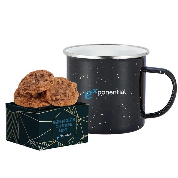 Gourmet Chocolate Chunk Cookie Box & Speckled Camping Mug Gift Set