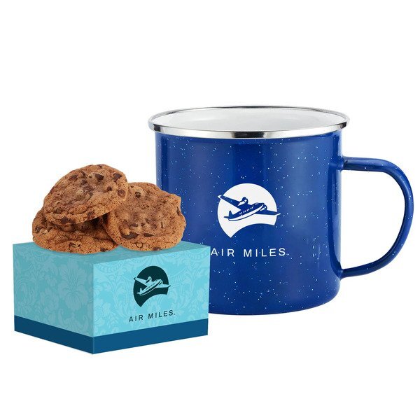 Gourmet Chocolate Chunk Cookie Box & Speckled Camping Mug Gift Set