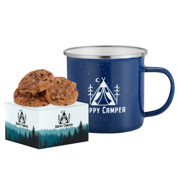 Gourmet Chocolate Chunk Cookie Box & Speckled Camping Mug Gift Set