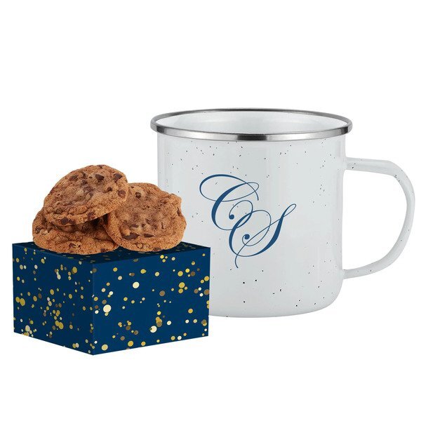 Gourmet Chocolate Chunk Cookie Box & Speckled Camping Mug Gift Set