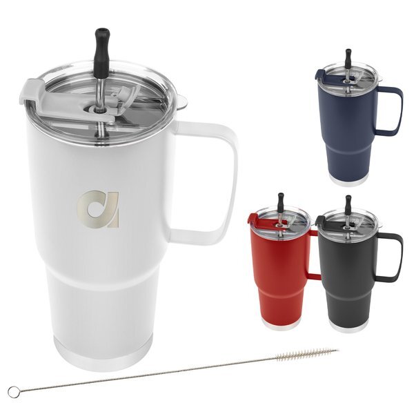 Lisbon Double Wall Stainless Steel Vacuum Insulated Tumbler w/ Straw & Cleaning Brush, 30oz.