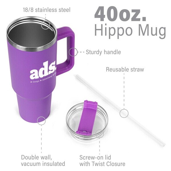 Hippo Double Wall Stainless Steel Mug & Straw Lid with Twist Closure, 40oz.