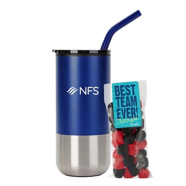 Gummy Raspberries & Blueberries Snack Pack & Tumbler w/ Stainless Steel Straw Set