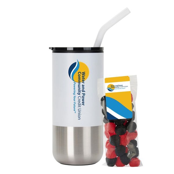 Gummy Raspberries & Blueberries Snack Pack & Tumbler w/ Stainless Steel Straw Set
