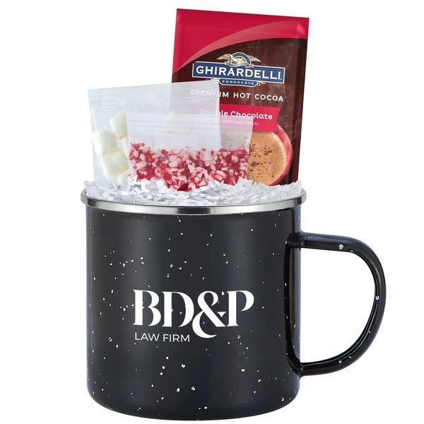 Ghirardelli® Hot Chocolate, Crushed Peppermint, Marshmallows & Speckled Camping Mug Gift Set
