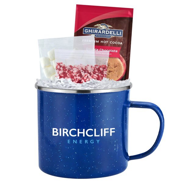 Ghirardelli® Hot Chocolate, Crushed Peppermint, Marshmallows & Speckled Camping Mug Gift Set