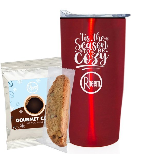 Holiday Gourmet Coffee Packet, Biscotti & Straight Tumbler w/ Plastic Liner Gift Set