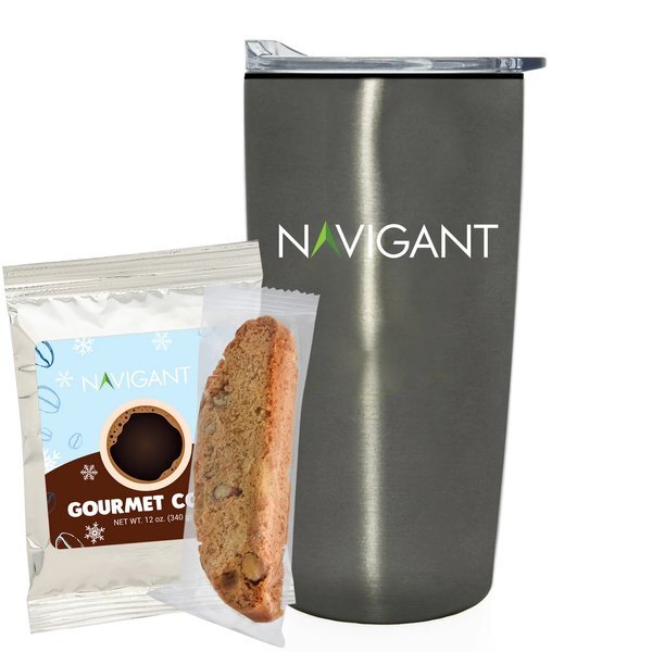 Holiday Gourmet Coffee Packet, Biscotti & Straight Tumbler w/ Plastic Liner Gift Set
