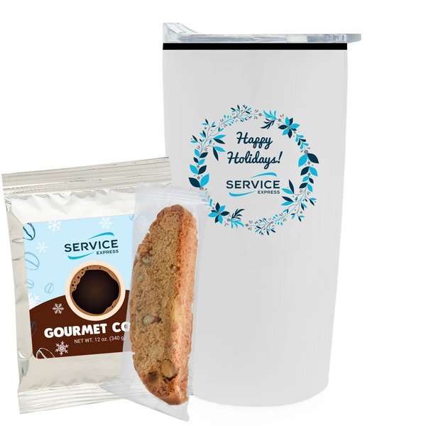 Holiday Gourmet Coffee Packet, Biscotti & Straight Tumbler w/ Plastic Liner Gift Set