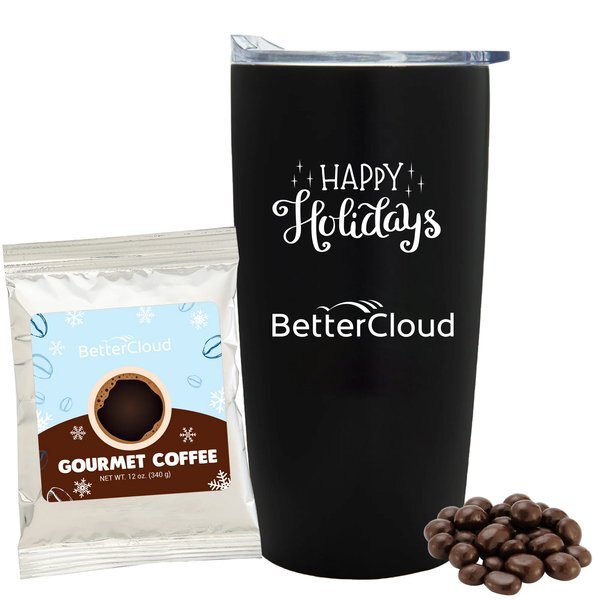 Holiday Gourmet Coffee Packet, Dark Chocolate Espresso Beans & Straight Tumbler w/ Plastic Liner Gift Set