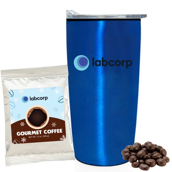 Holiday Gourmet Coffee Packet, Dark Chocolate Espresso Beans & Straight Tumbler w/ Plastic Liner Gift Set