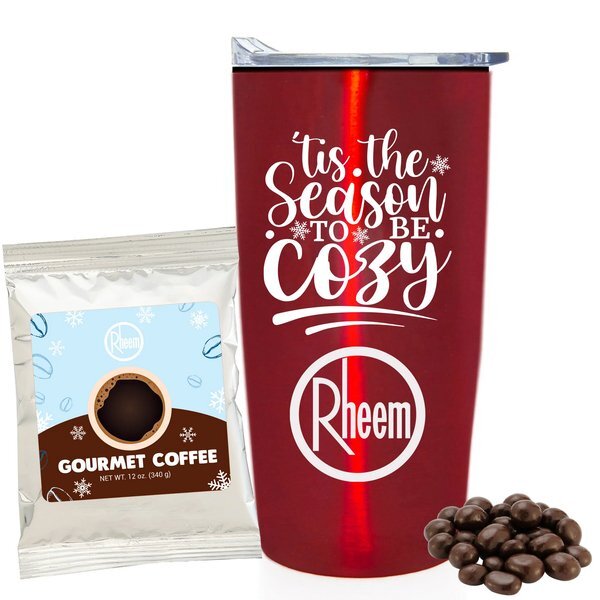 Holiday Gourmet Coffee Packet, Dark Chocolate Espresso Beans & Straight Tumbler w/ Plastic Liner Gift Set