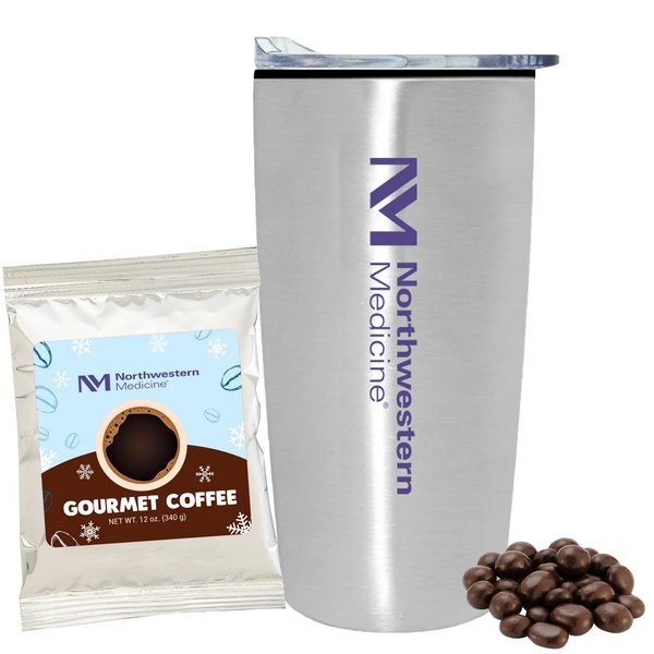 Holiday Gourmet Coffee Packet, Dark Chocolate Espresso Beans & Straight Tumbler w/ Plastic Liner Gift Set