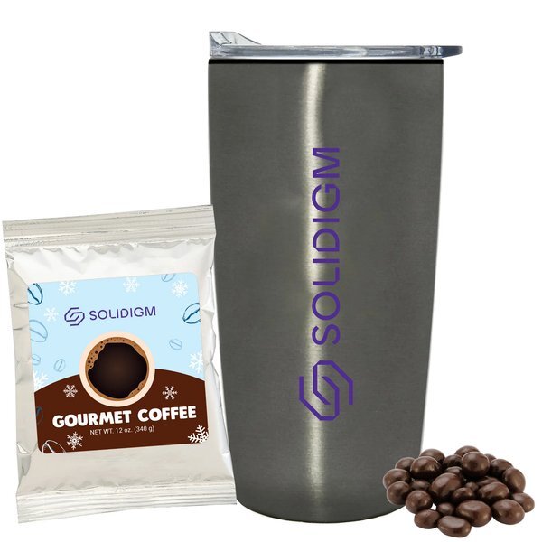 Holiday Gourmet Coffee Packet, Dark Chocolate Espresso Beans & Straight Tumbler w/ Plastic Liner Gift Set