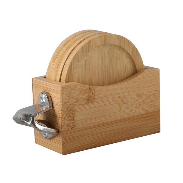 Bamboo Coaster Set w/ Bottle Opener