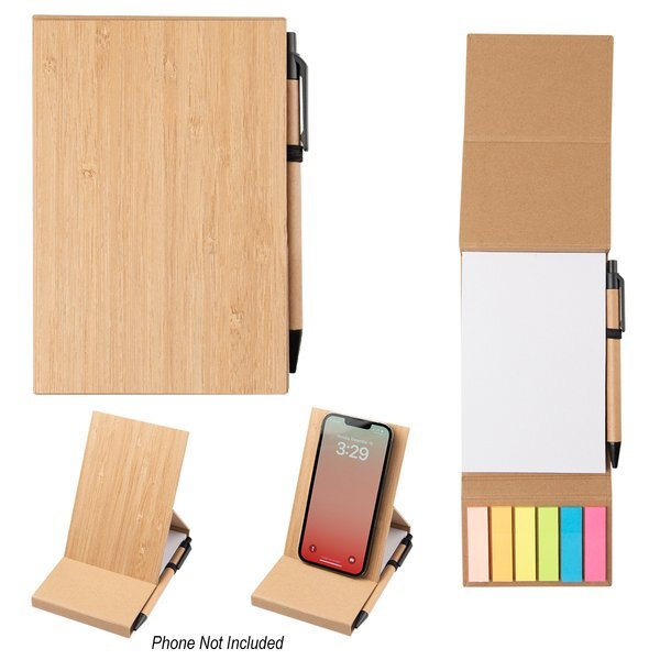 Bamboo Desk Jotter Notebook w/ Sticky Flags, Pen & Phone Stand, 4" x 6"