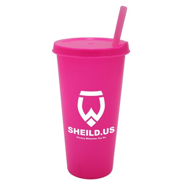 Plastic Colors Cup w/ Lid & Straw, 26oz.