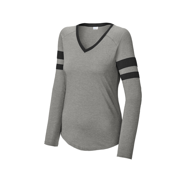 Sport-Tek® Halftime Cotton/Poly Stripe Long Sleeve V-Neck Ladies' Tee