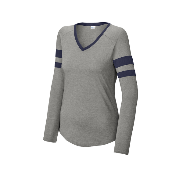 Sport-Tek® Halftime Cotton/Poly Stripe Long Sleeve V-Neck Ladies' Tee