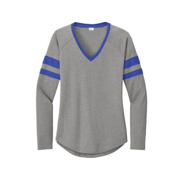 Sport-Tek® Halftime Cotton/Poly Stripe Long Sleeve V-Neck Ladies' Tee