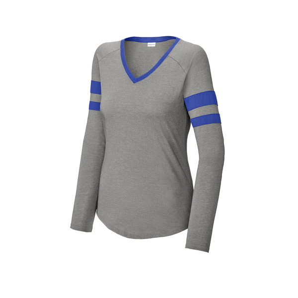 Sport-Tek® Halftime Cotton/Poly Stripe Long Sleeve V-Neck Ladies' Tee