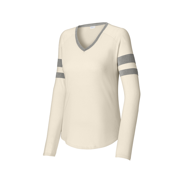 Sport-Tek® Halftime Cotton/Poly Stripe Long Sleeve V-Neck Ladies' Tee