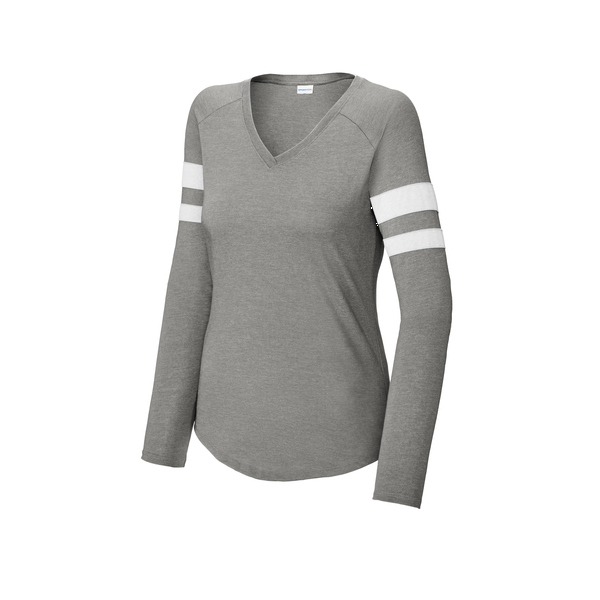 Sport-Tek® Halftime Cotton/Poly Stripe Long Sleeve V-Neck Ladies' Tee