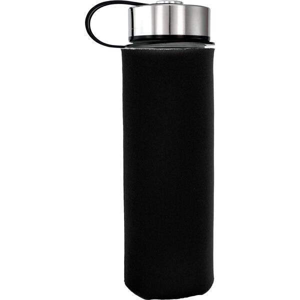 Metal Lanyard Lid Frosted Glass Sleeve Water Bottle, 22oz.